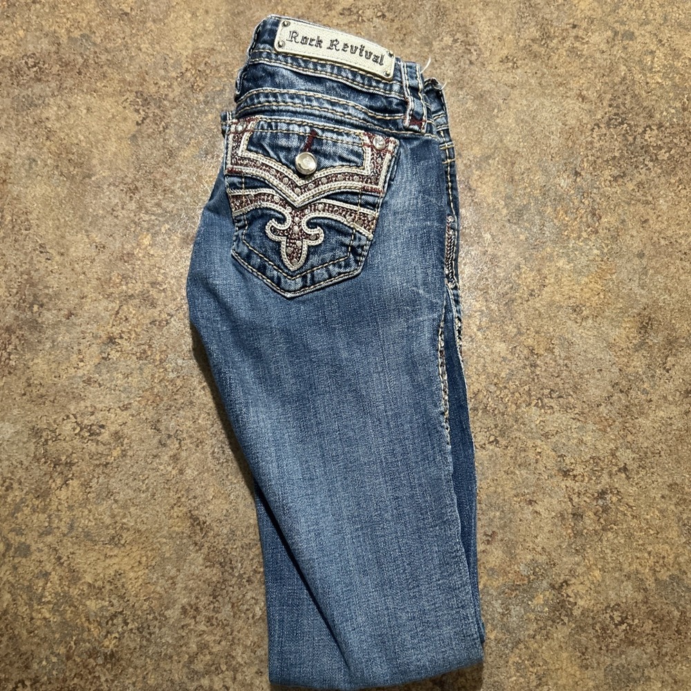 Y2k Rock Revival Jeans Women's 25x31 Blue Celinda Straight Western Low Rise